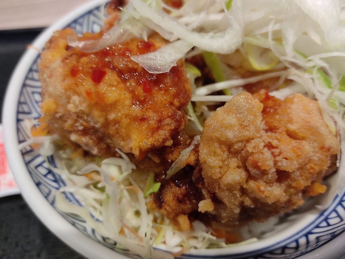 吉野家新作 油淋鶏から揚げ丼 にんにくよりむしろ凶悪な白ネギ山盛り 実観