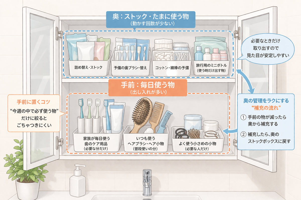 鏡裏収納の整え方｜手前＝毎日・奥＝ストックで迷わない整理術 - ちょこっと解決ラボ｜暮らしの気になるアレコレ