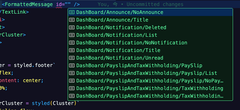 Visual Studio Code のキャプチャ。id props が空の状態だとエラーになっており、id に渡すことができる値の候補が一覧表示されている