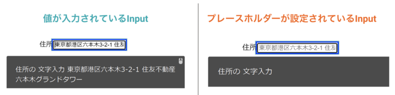 値が入力されているInputとプレースホルダーが設定されているInputをPC-Talkerで読み上げた結果が横並びに並んでいる。値が入力されているInputの読み上げ結果には「住所の 文字入力 東京都港区六本木3-2-1 住友不動産六本木グランドタワー」と表示されている。プレースホルダーが設定されているInputの読み上げ結果には「住所の 文字入力」と表示されている。
