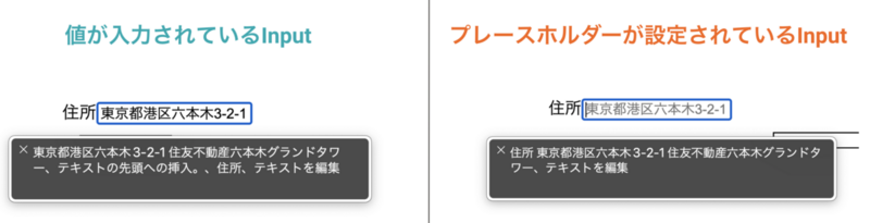 値が入力されているInputとプレースホルダーが設定されているInputをVoiceOverで読み上げた結果が横並びに並んでいる。値が入力されているInputの読み上げ結果には「東京都港区六本木3-2-1 住友不動産六本木グランドタワー、テキストの先頭への挿入。、住所、テキストを編集」と表示されている。プレースホルダーが設定されているInputの読み上げ結果には「東京都港区六本木3-2-1 住友不動産六本木グランドタワー、テキストを編集」と表示されている。