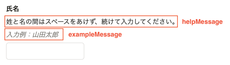 入力のヒントが設定されているフォームの画像。一番上にフォームのラベルである「氏名」がある。その下にフォームの説明テキストが縦に並んでいる。最初に「姓と名の間はスペースをあけず、続けて入力してください。」と表示されており、注釈でhelpMessageであることが説明されている。その下に「入力例:山田太郎」と表示されており、注釈でそれがexampleMessageであることが説明されている。その下には実際に氏名を入力するテキストボックスが表示されている。