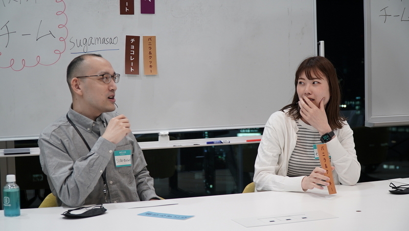議論する2名の社員。1名は「塩ちんすこう」を選択し、1名は「バニラ＆クッキー」を持っている