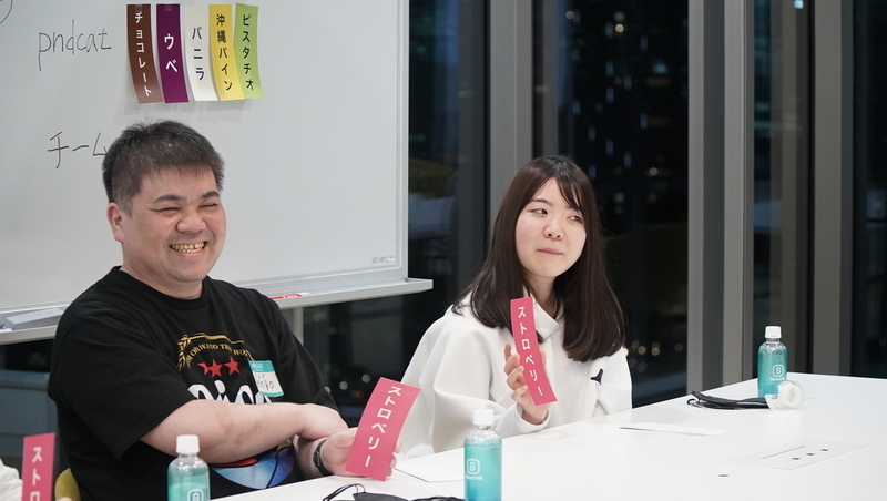 ストロベリーの札を持って笑顔満開なgongoさんと、横で少し不安そうな顔のpndcatさん