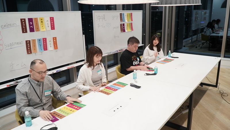 4名の社員が並んで座りそれぞれの持ち札を並べて確認している