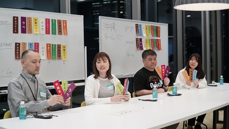 4名みんなで手元の札のラインナップを見せ合って確認している