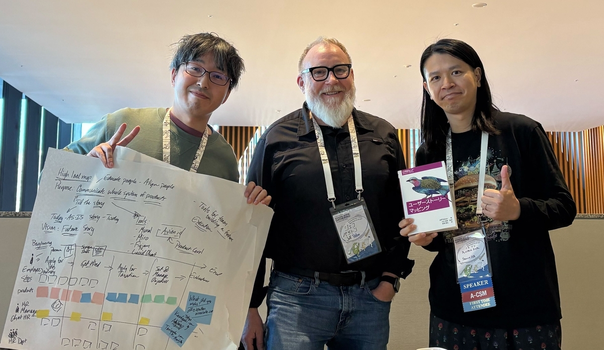 Jeff Pattonさん（中央）との記念写真。wassan（左）はJeffさんが描いたユーザーストーリーマッピングの活用アイディアの紙をもっている。nomuson（右）はJeffさんの書籍ユーザーストーリーマッピングを持っている。