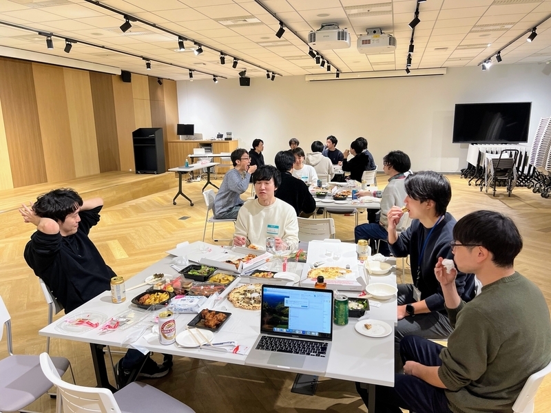 3つのテーブルに分かれてみんなでピザを食べている