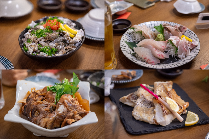 鯛を使った料理。時計まわりに左上からザクポン酢、刺し身、白味噌焼き、かぶと煮