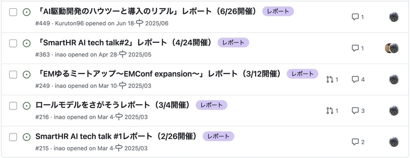 テックブログを管理しているGitHubのissue画面の画像。そこには5本のイベントレポートが溜まっている