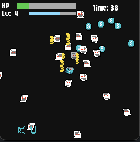 作成したゲームの画面。中央に青いヤギがおり、書類のオバケと戦っている。