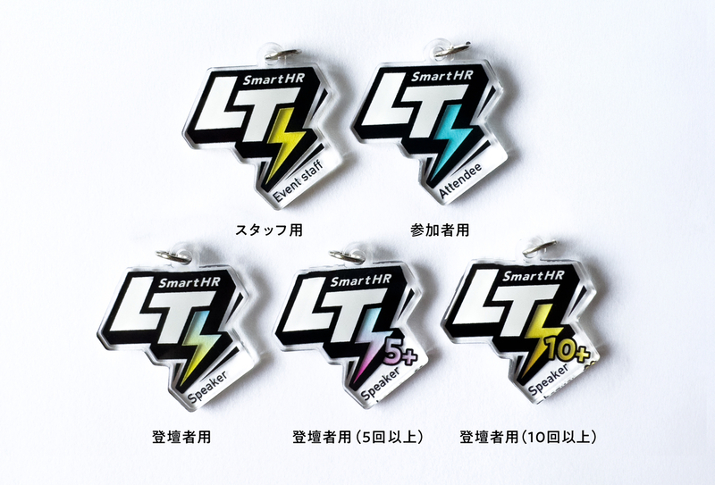 参加者用、登壇者用(1回、5回達成、10回達成)、スタッフ用の全5種類のいろとりどりのアクキーが並んでいる
