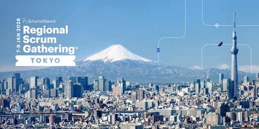 Regional Scrum Gathering Tokyo 2026 のバナー画像。東京スカイツリーが右手にそびえ立つ東京の街並み、奥には富士山が見える冬晴れ。