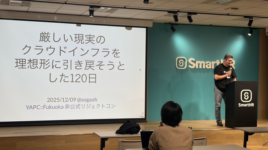 スクリーンに発表タイトルが映っている
