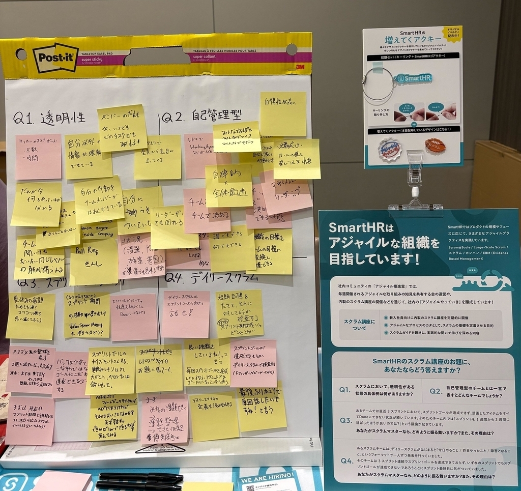 RSGT2026のSmartHRブースの写真。イーゼルパッドに内製スクラム講座のお題への回答が書かれた付箋が埋め尽くされている。