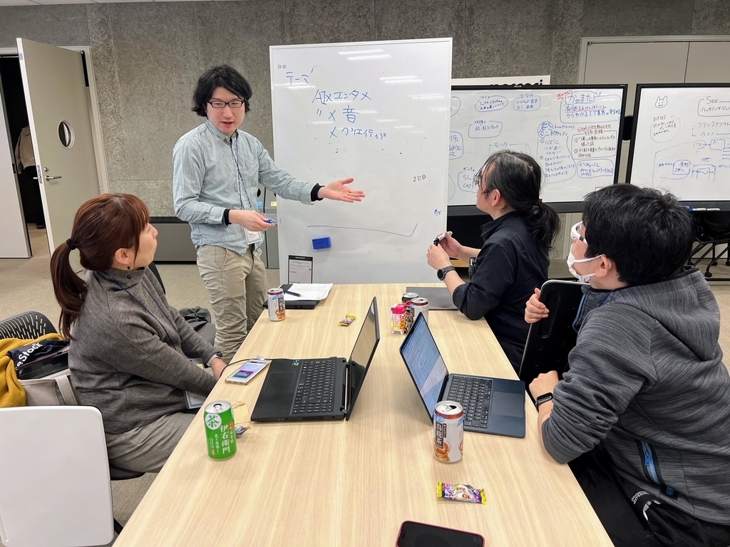 ホワイトボードに向かって4人の参加者がテーマを相談している