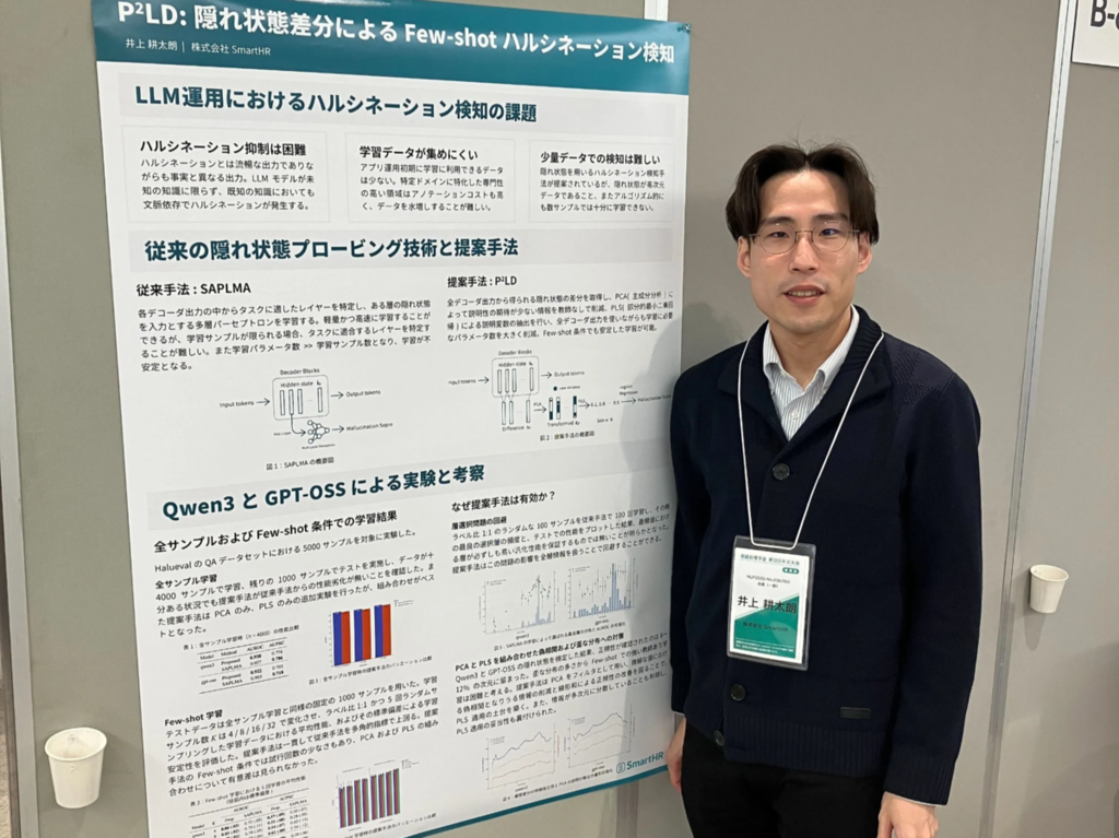 P2LD: 隠れ状態差分による Few-shot ハルシネーション検知についてポスター発表をする様子