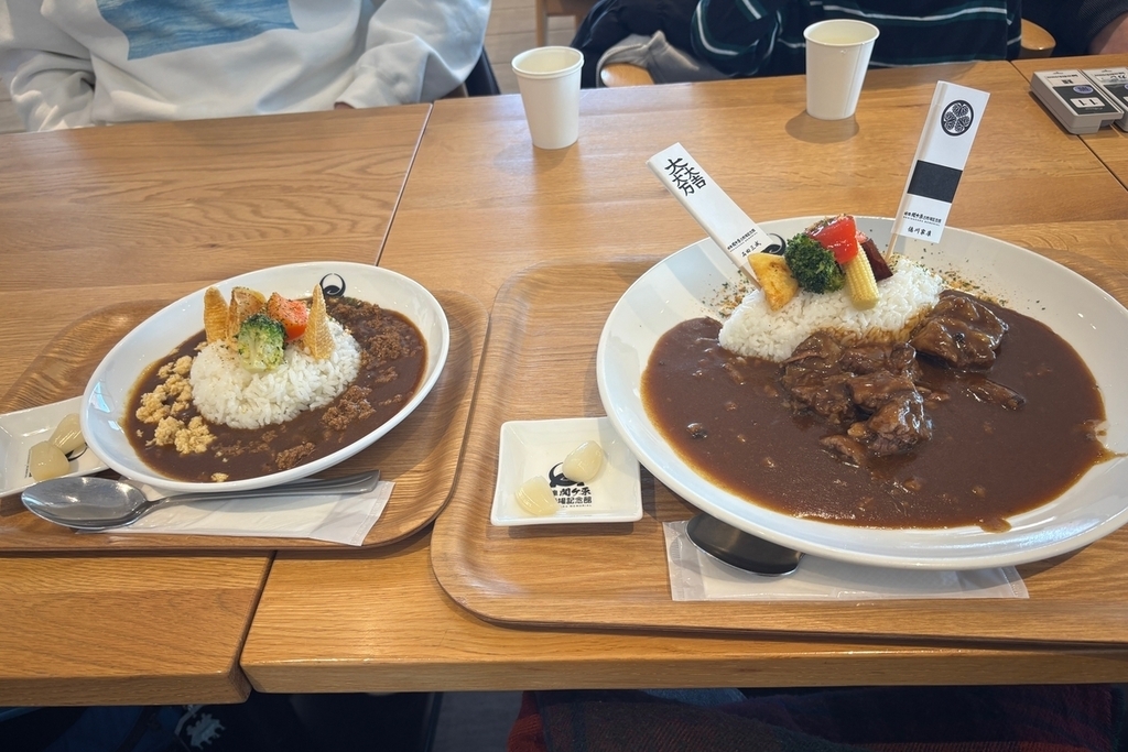 左に足軽カレー、右に戦国武将カレーが並んだ食事の写真