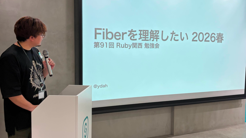 「Fiberを理解したい 2026春」のタイトルスライドを背景に、演台の横でマイクを持って話す ydah