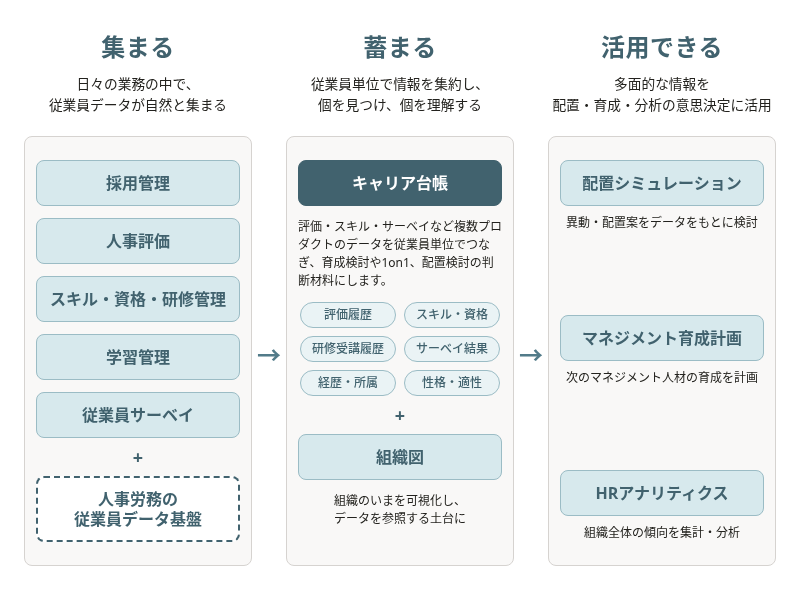 「集まる」「蓄まる」「活用できる」の3段階でSmartHRのタレントマネジメント領域を示した図。「集まる」では、人事労務の従業員データ基盤の上に採用管理、人事評価、スキル・資格・研修管理、学習管理、従業員サーベイが並び、日々の業務の中で従業員データが集まる。「蓄まる」では、それらが評価履歴、スキル・資格、研修受講履歴、サーベイ結果、経歴・所属、性格・適性としてキャリア台帳に従業員単位で集約され、組織のいまを可視化する組織図と組み合わされる。「活用できる」では、配置シミュレーションで異動・配置案を検討し、マネジメント育成計画で次のマネジメント人材の育成を計画し、HRアナリティクスで組織全体の傾向を集計・分析する