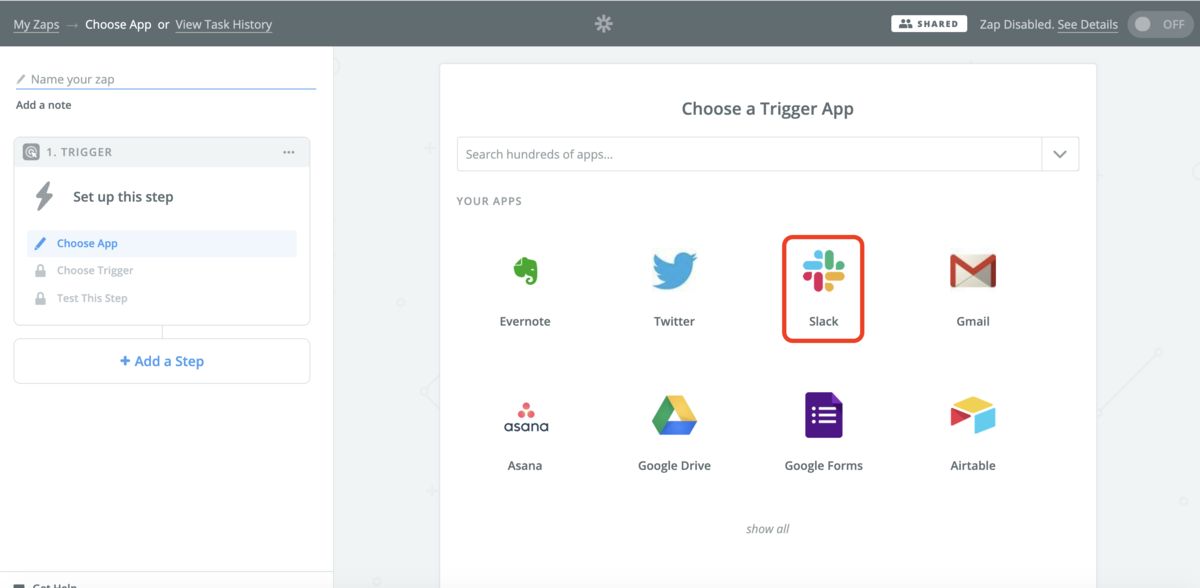 f:id:smartnews_jp:20190627123220p:plain Zapのトリガー作成画面。Slackをはじめ、主要なサービスはほぼ連携できます