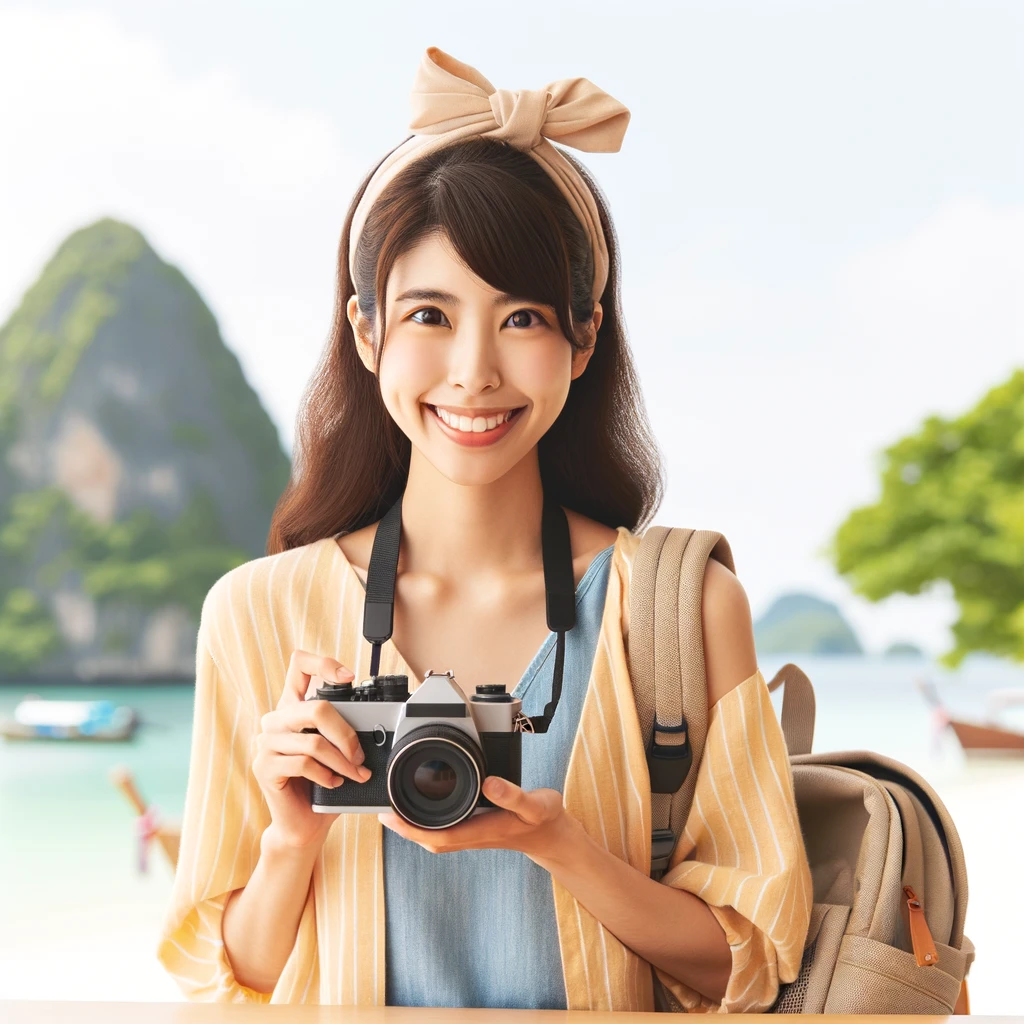 <img src="path_to_image.png" alt="20代の日本人女性がカメラとバックパックを持って旅行を楽しんでいる様子。背景はシンプルで明るい。">
