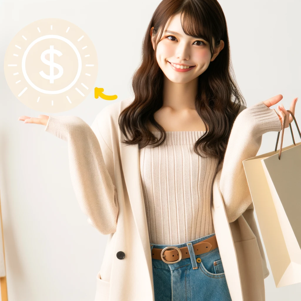<img src="budget_fashion_tips_japanese_woman.png" alt="20代の日本人女性が手頃な価格のおしゃれな服を着て、ショッピングバッグを持っている様子。背景は明るく、おしゃれを楽しみながら節約する方法を示している。">