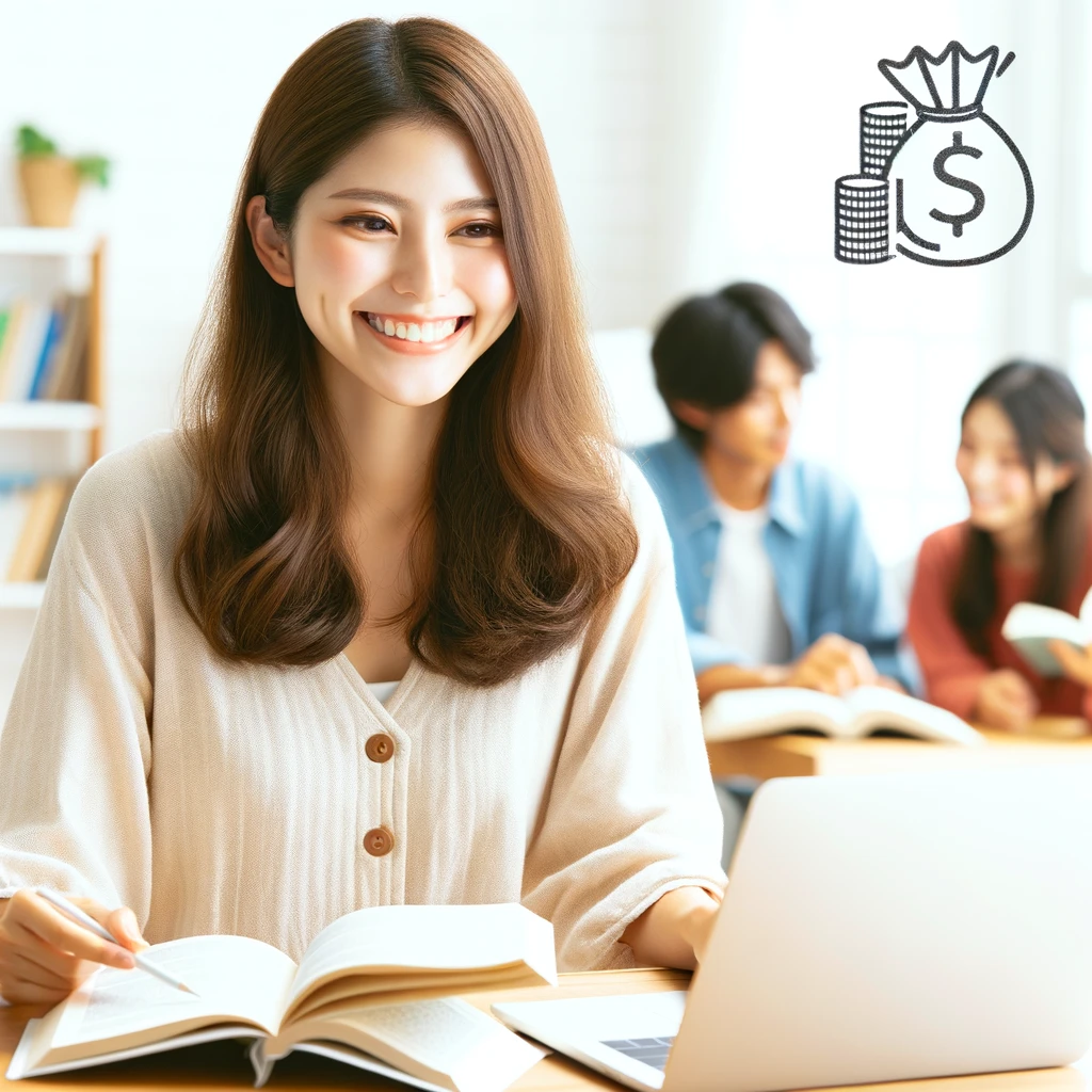 <img src="learning_tips_japanese_woman.png" alt="20代の日本人女性が明るい環境で楽しく学んでいる様子。オンライン学習、読書、グループ学習の活動をしている場面。節約やお金のシンボルは使わず、楽しく手頃な学び方を示している。">