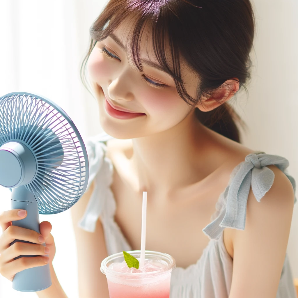 <img src="cool_summer_tips_japanese_woman.png" alt="20代の日本人女性が明るく風通しの良い環境で、ハンディーファンを使いながら涼しく過ごしている様子。冷たい飲み物を楽しんだり、日陰でリラックスしている場面。">
