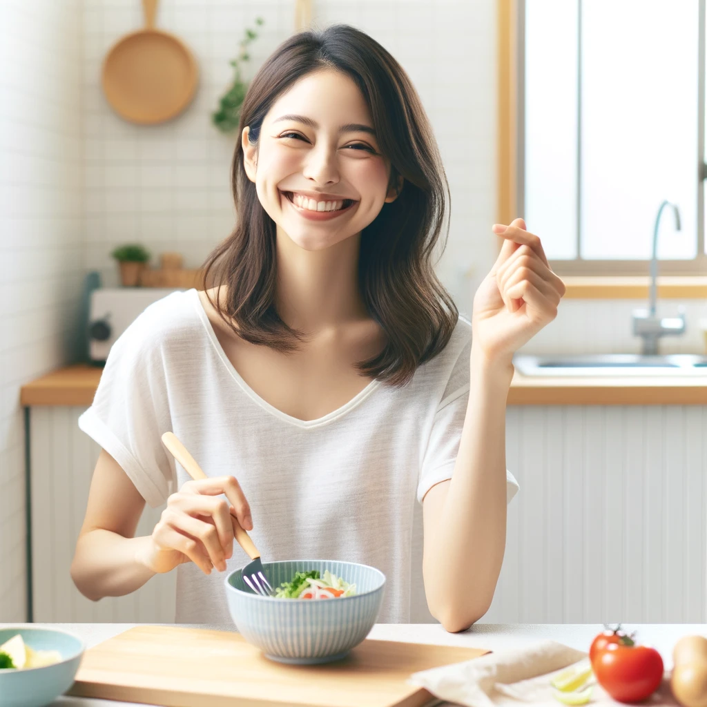 <img src="cooking_tips_japanese_woman.png" alt="20代の日本人女性が明るく楽しいキッチンで、予算内で自炊を楽しんでいる様子。食事を準備し、笑顔で楽しんでいる場面。">