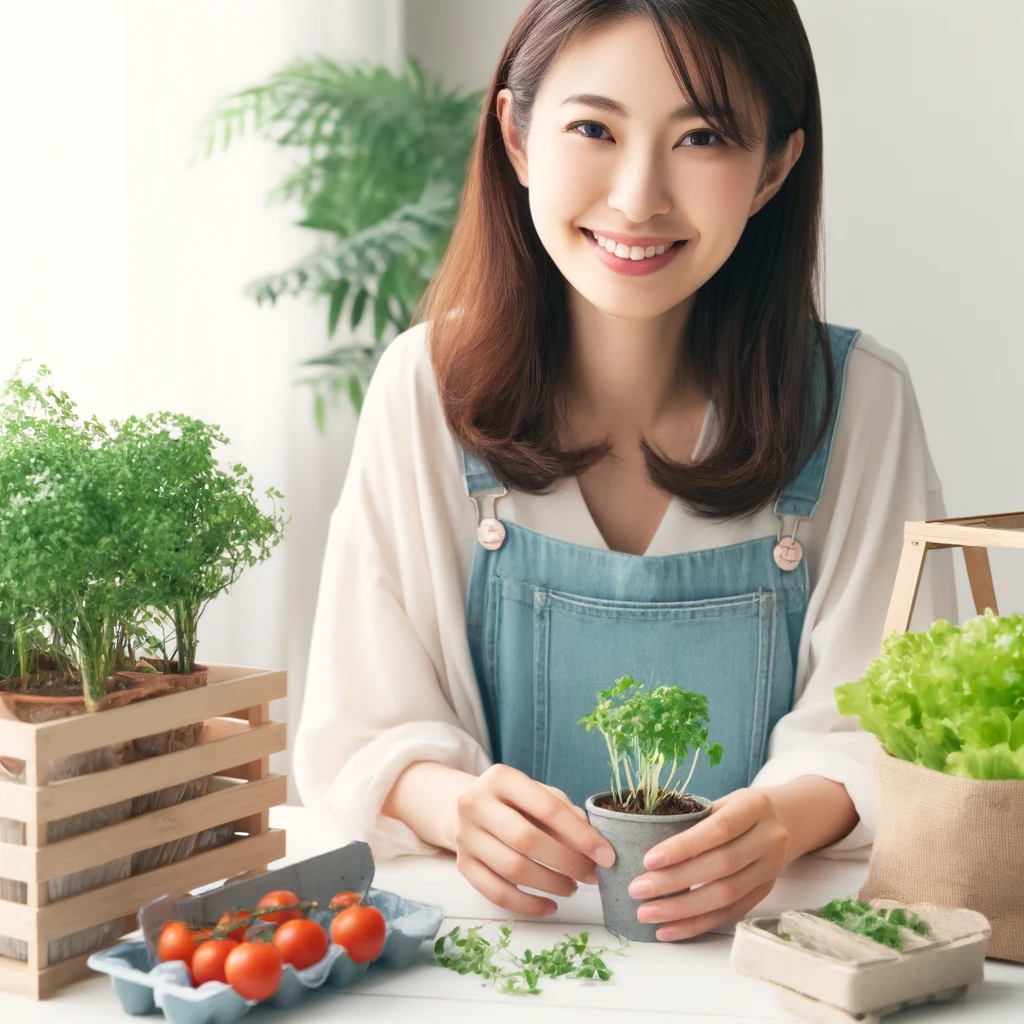 <img src="gardening_tips_japanese_woman.png" alt="20代の日本人女性が自宅やベランダでガーデニングを楽しんでいる様子。ハーブやミニトマト、レタスなどの野菜をDIYのプランターや鉢植えで育てている場面。">