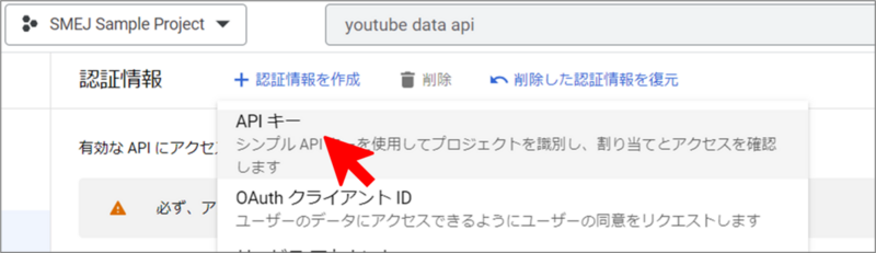 画面上部の+ボタンから「APIキー」を作成しようとしている画面