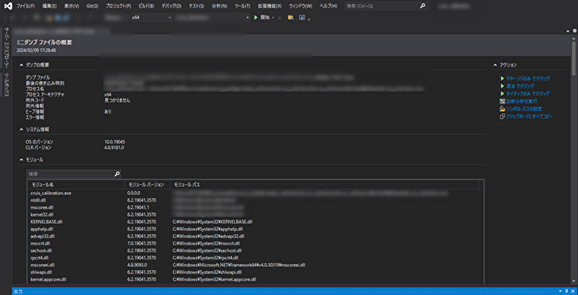 ダンプファイルを開いたときの画面表示