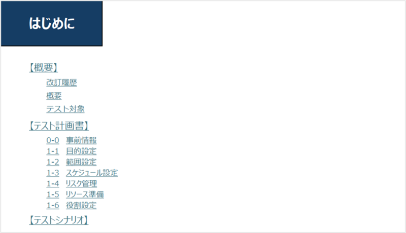 テスト計画書内目次のキャプチャ