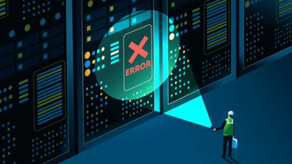 サーバールームで技術者が懐中電灯を照らし、エラー表示のあるサーバーラックを確認しているイラスト。