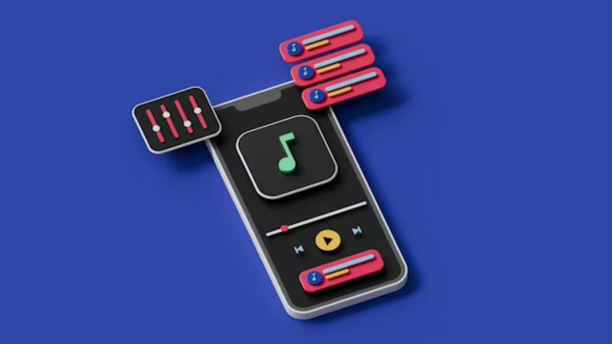 青い背景に、音楽アプリの画面を表示したスマートフォンと、音量調整スライダーやイコライザー風パーツが浮かぶ3Dイラスト。