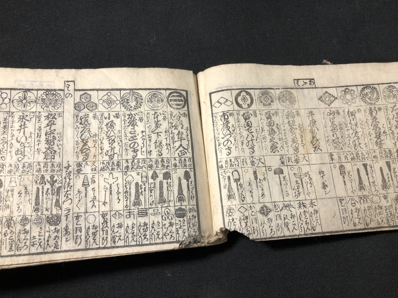 xo9467 古い和本 嘉永武鑑 二 御役人 槍印 旗本 家紋ほか 古文書 史料 2608明和2年版 家紋 槍印 纏 絵入 □武鑑/題不明□ 江戸時代物 木版画