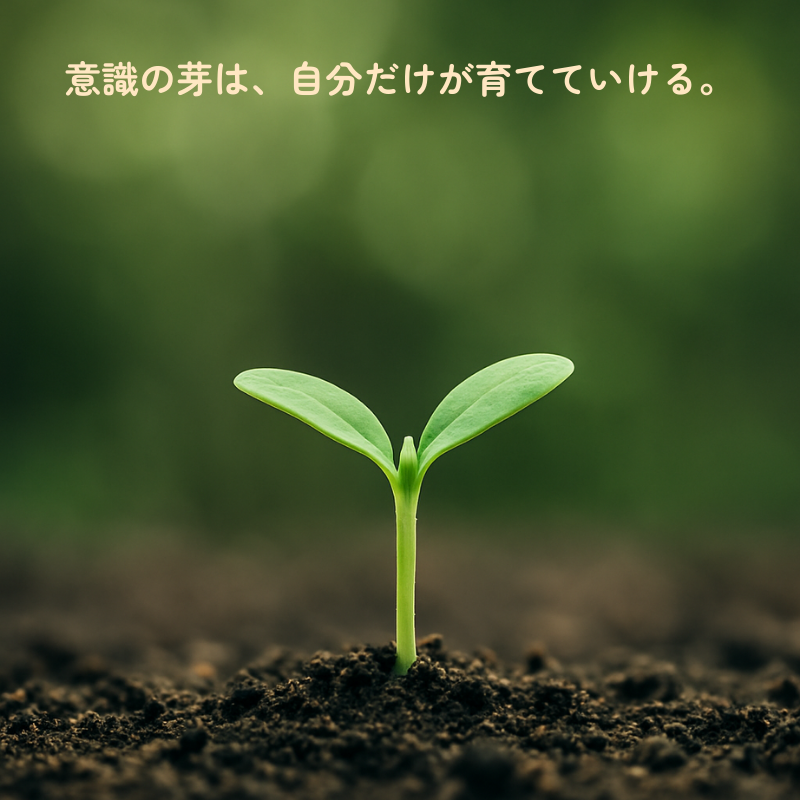 「土から顔を出した小さな芽。自分の中の意識の芽を育てるイメージ」