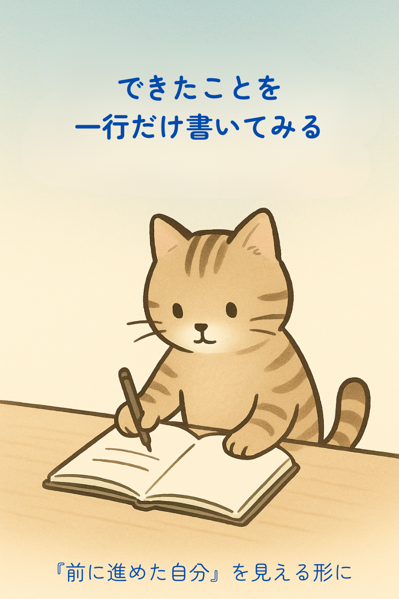ノートに一行だけ書き込んでいる猫が、机の上で静かに日記をつけているイラスト