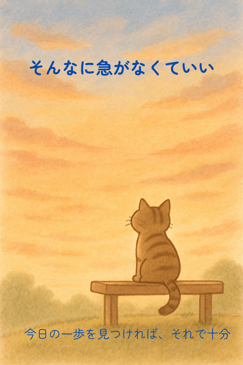 ベンチに座った猫が夕焼け空を見上げて、静かに一息ついているイラスト