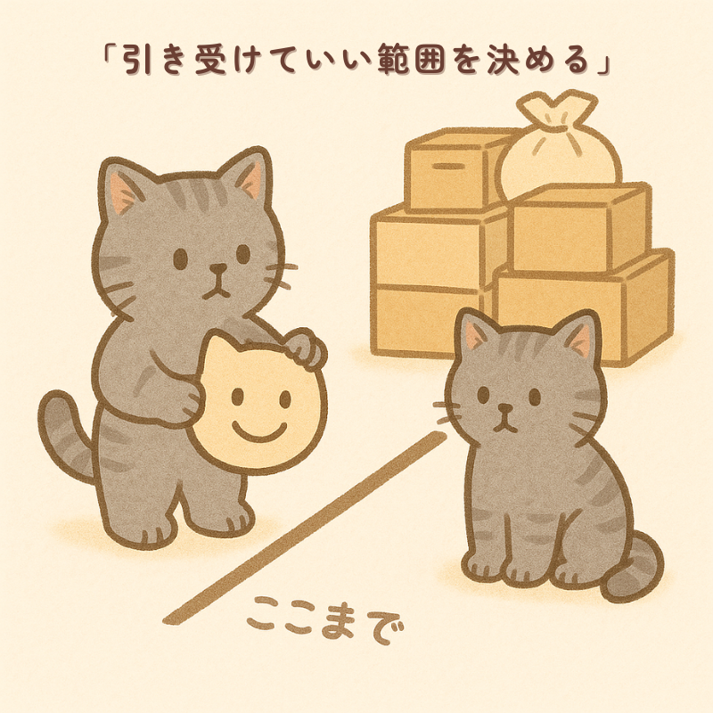 alt：床にテープで境界線を貼り、片側はスッキリ、反対側は頼まれごとの箱が山積みになっているブリティッシュショートヘアの猫のイラスト