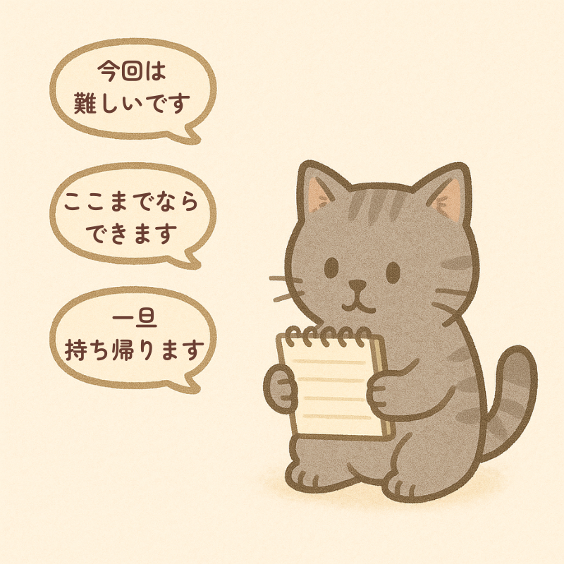 alt：メモ帳を持つブリティッシュショートヘアの猫と、3つの吹き出しスペースが並ぶ断り方テンプレ用のイラスト