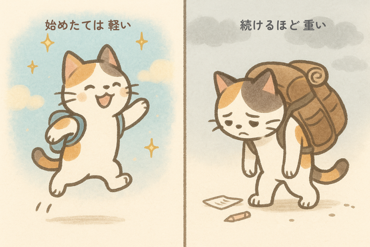 やりたくて始めたことが続けるうちに重く感じる変化を表した三毛猫の対比イラスト