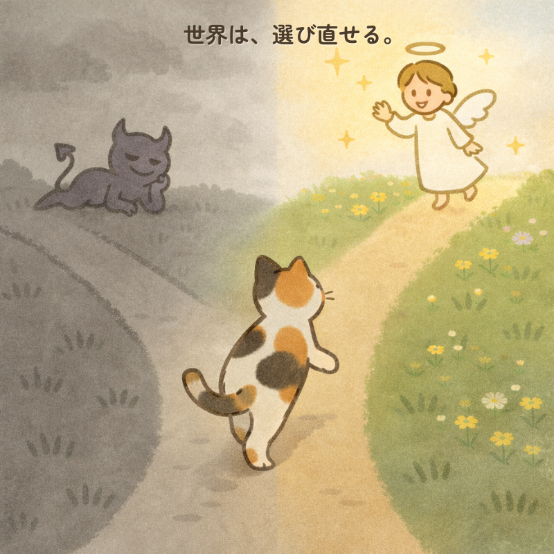 「左はモノクロで暗い世界、右は花と光がある世界。三毛猫が右へ一歩踏み出すイラスト」