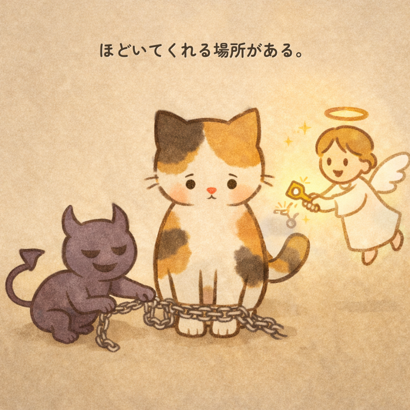 「三毛猫の足元に悪魔が鎖を巻き、天使が鍵で鎖を外そうとするイラスト」