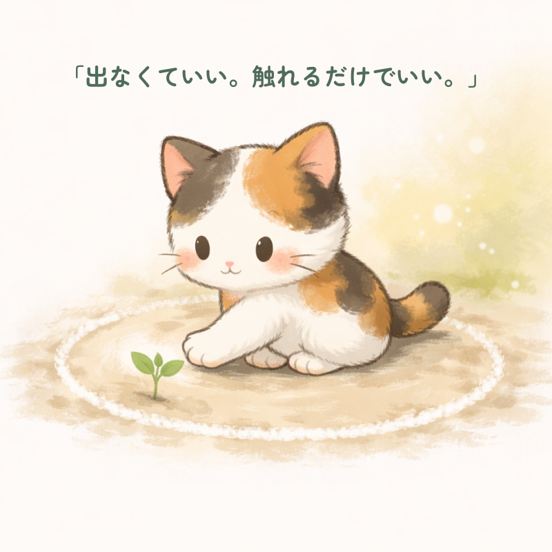 「床に描いた白い円（安心ゾーン）の中にいる三毛猫が、円の外の小さな芽に手を伸ばして触れているイラスト」