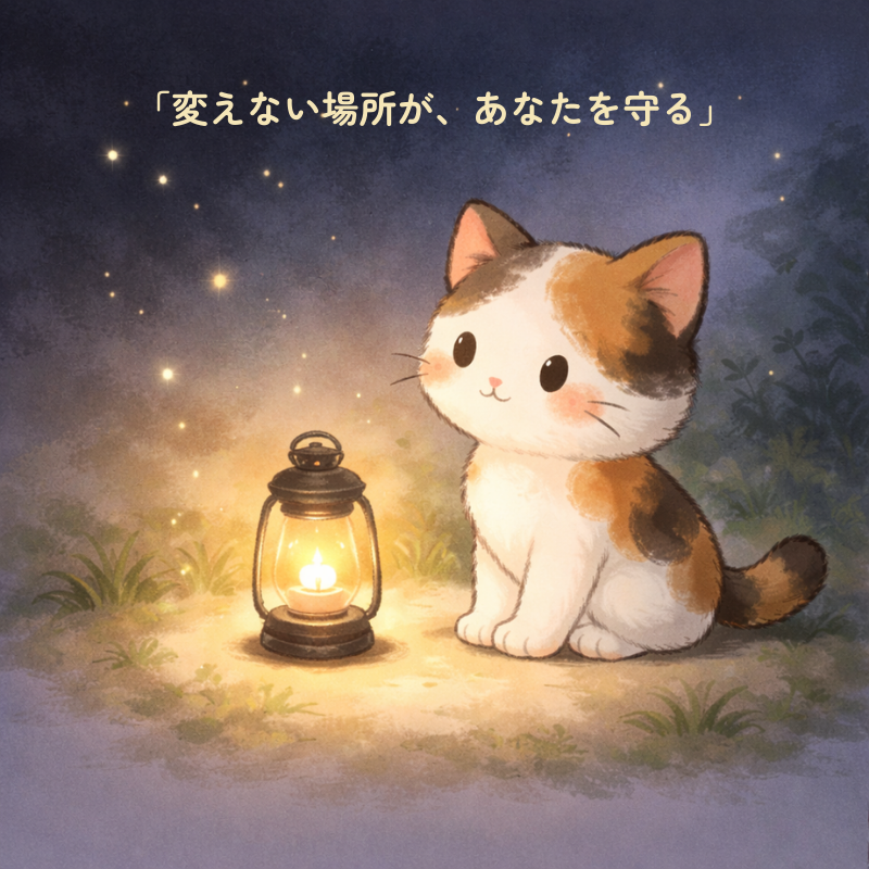 「夜の草むらで、ランタンの暖かい灯りのそばに座る三毛猫が、安心した表情で外を眺めているイラスト」