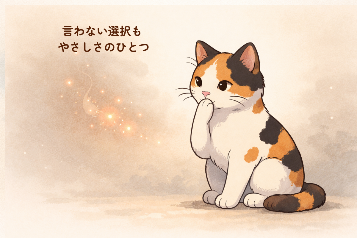 口元に前足を当てて火花を見つめる三毛猫のイラスト｜言わない選択で火種を手放すイメージ