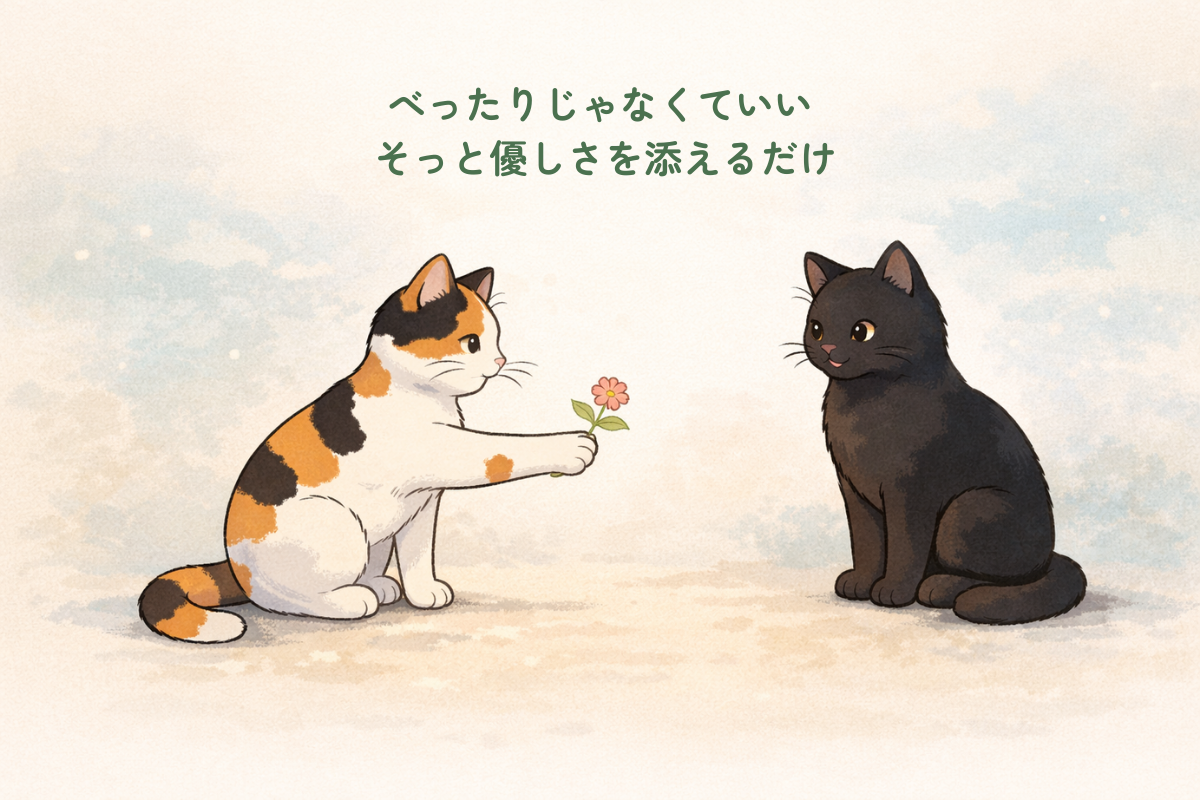 少し距離を空けて一輪の花を差し出す三毛猫と受け取ろうとする黒猫のイラスト｜ニュートラルな距離にそっと優しさを足すイメージ