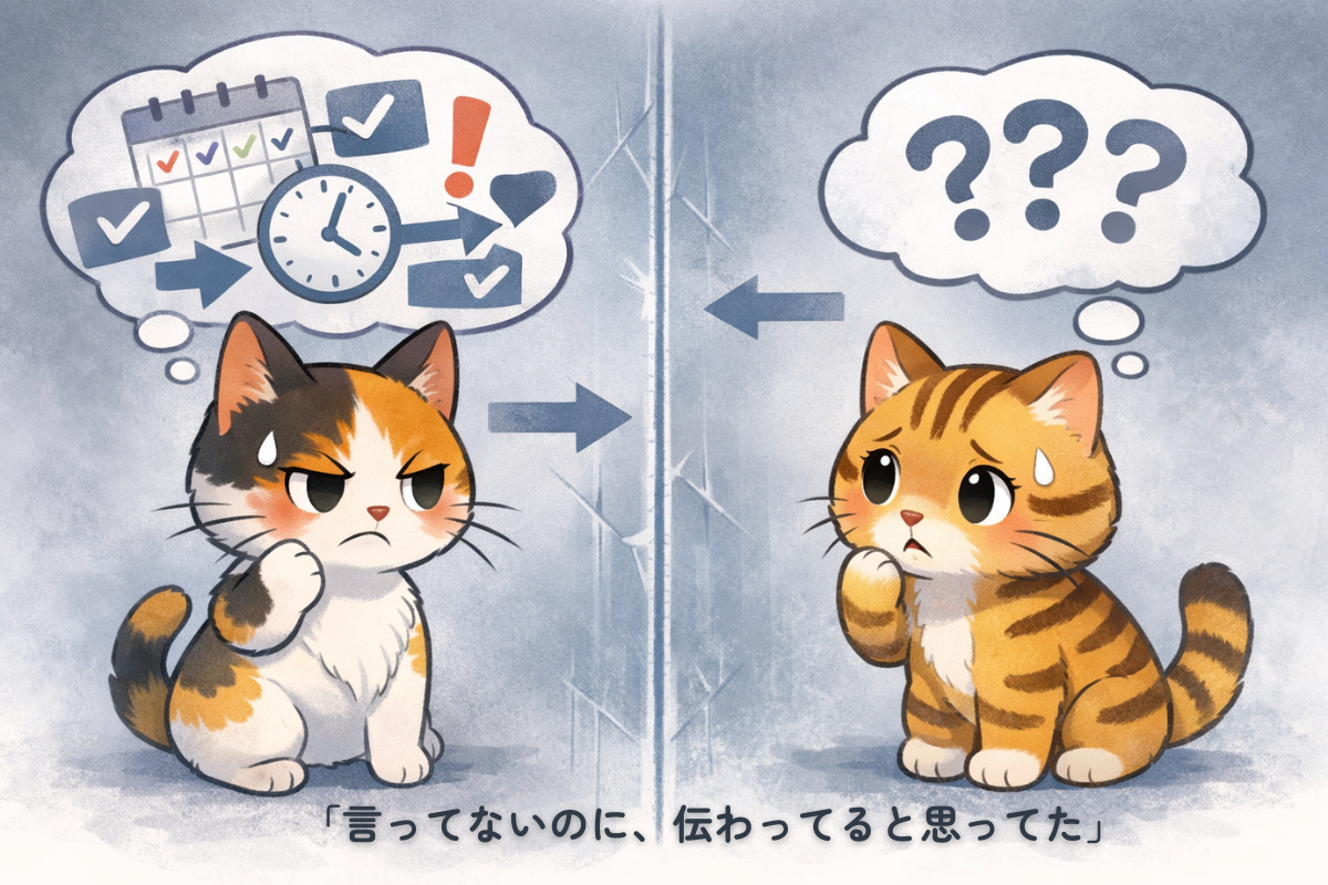 「期待を頭の中だけで決めてしまい、三毛猫と虎が見えない壁ですれ違っているイラスト」